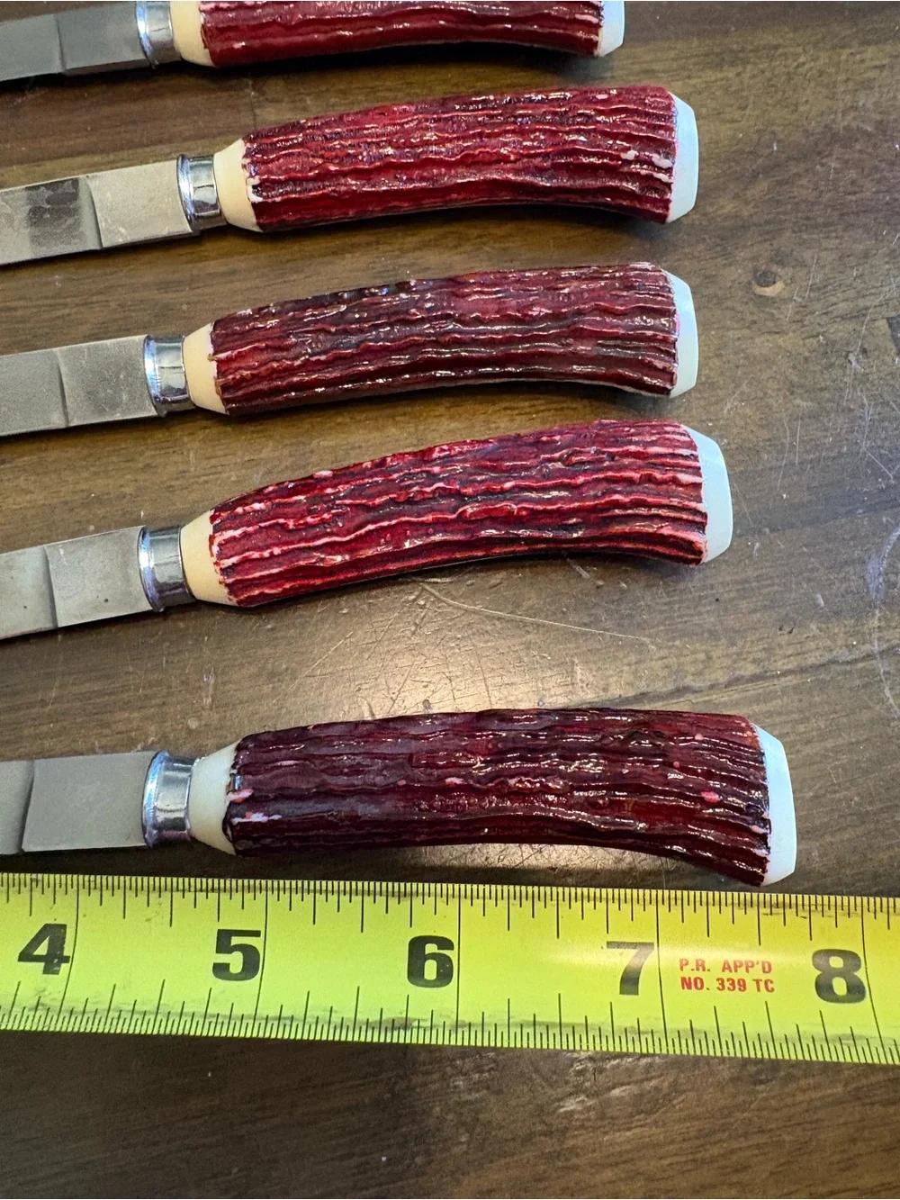 Vintage Set of 6 Stainless Steel Steak Knives Red Faux Antler Handles Japan Dine